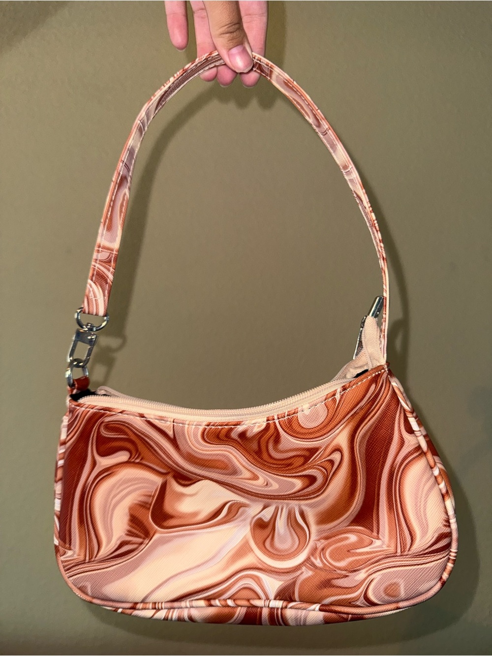 SHEIN Swirl Print Shoulder Bag in Brown and Cream